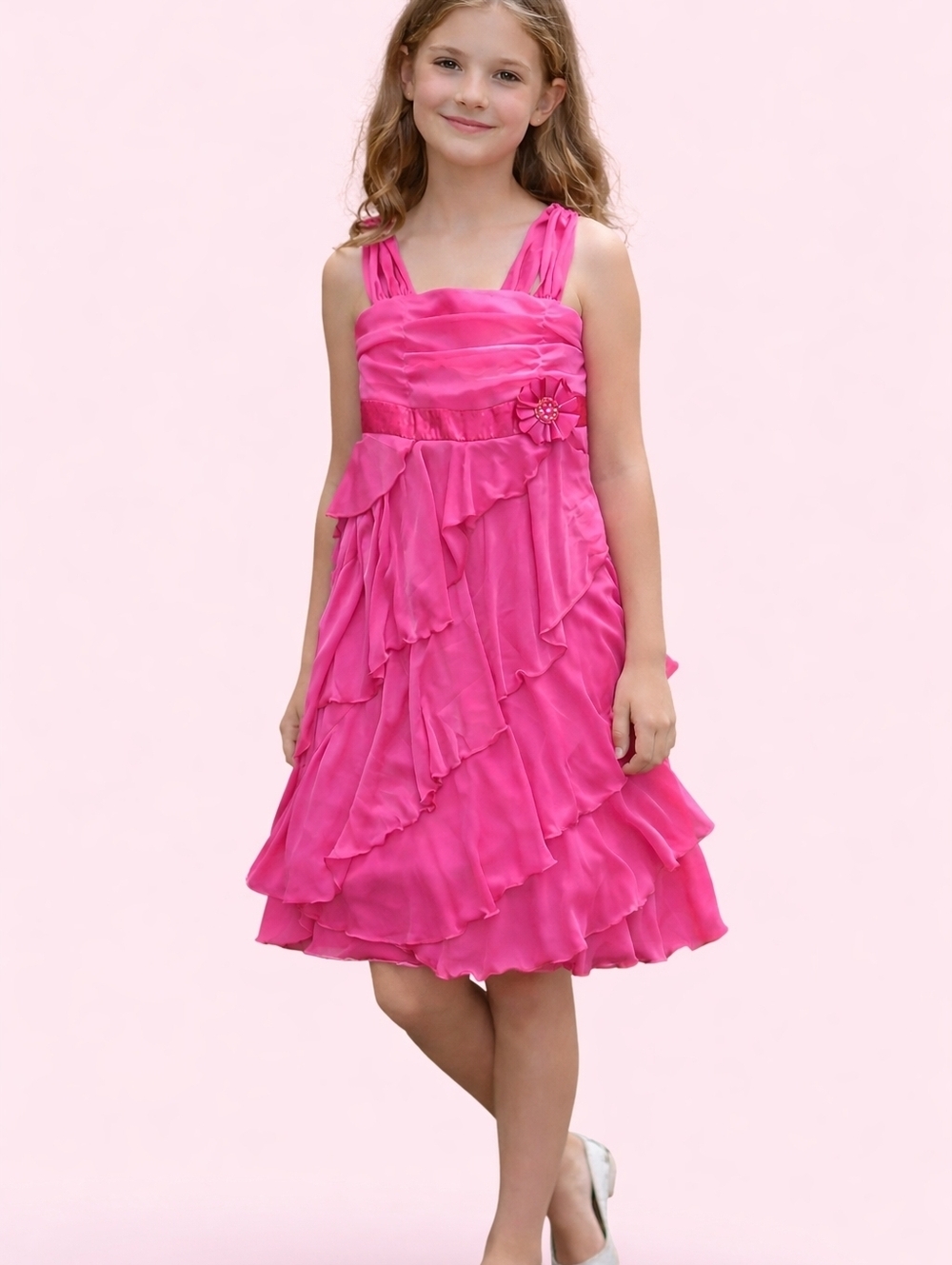 AMY BYER Hot Pink Satin Cascade Bow Tie Waist Ruffle Dress
